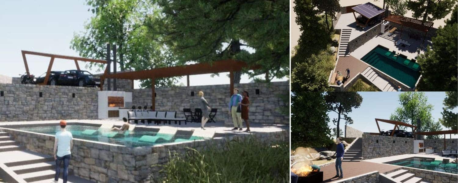 Diferentes vistas de la casa pasiva, su piscina y sus jardines. Proyecto Panoramic