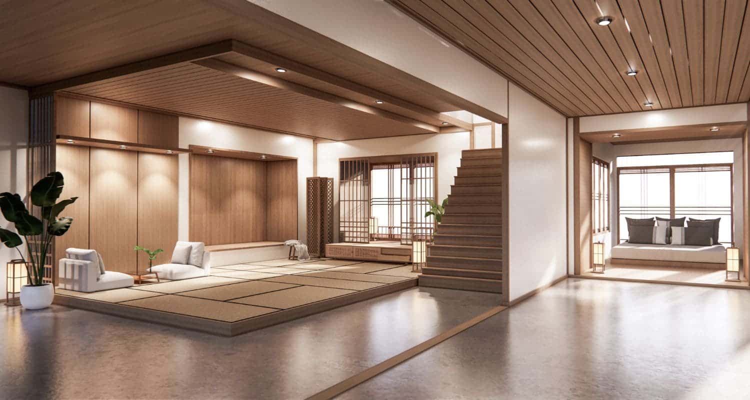 Diseño bioclimático. Casa pasiva construida en madera. Gran salón con diferentes muebles minimalistas que le dan a la casa sostenible un aspecto tranquilo y minimalista.