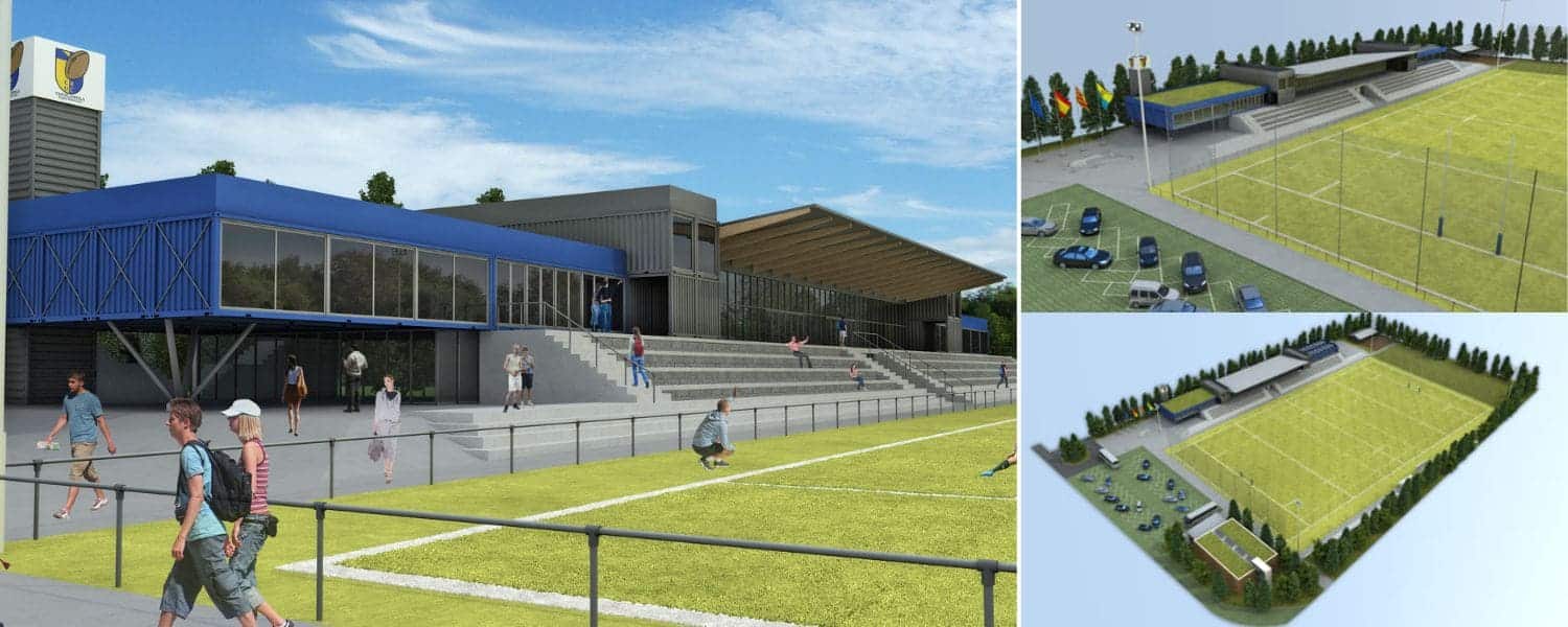 Distintas imágenes del exterior de las instalaciones y campos de deporte del ante-proyecto Campo de Rugby en Castelldefels.