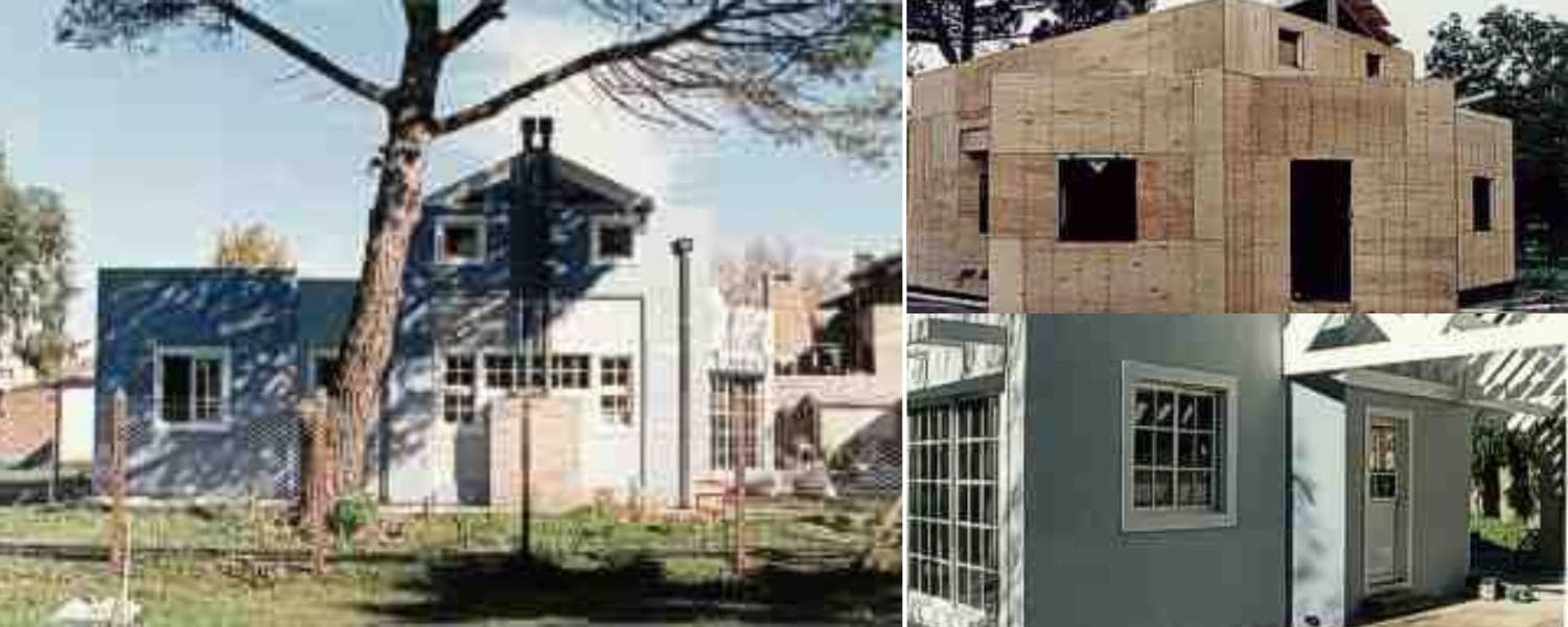 Distintas imágenes del exterior de la casa sostenible del proyecto Pinos de Anchorena.