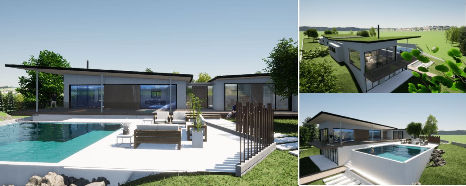 Distintas imágenes del exterior de la casa sostenible del proyecto de Ses Rovires.