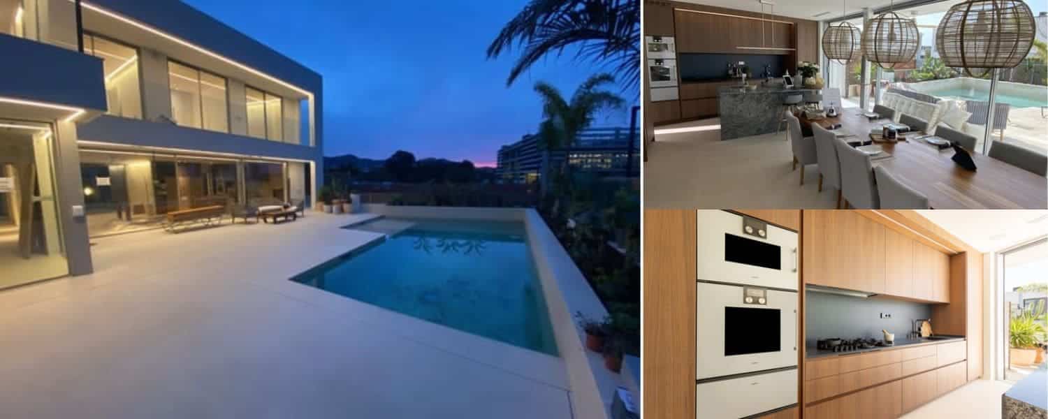 Distintas imágenes del interior y del exterior de la casa sostenible del proyecto de Sitges.