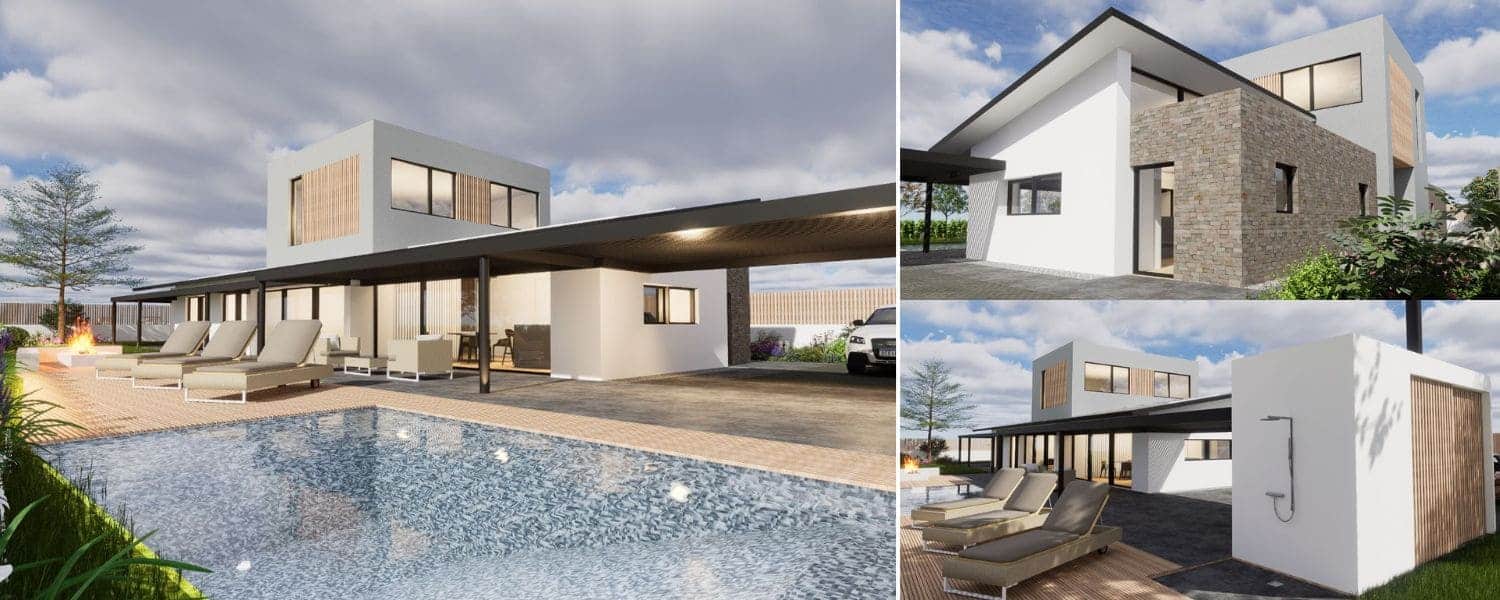 Distintas panorámicas de la piscina y la casa pasiva del proyecto Roda de Berá.
