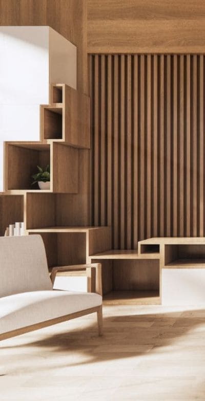 Visión móvil de una habitación de una construcción con criterios pasivos en la que existen varios elementos en madera.